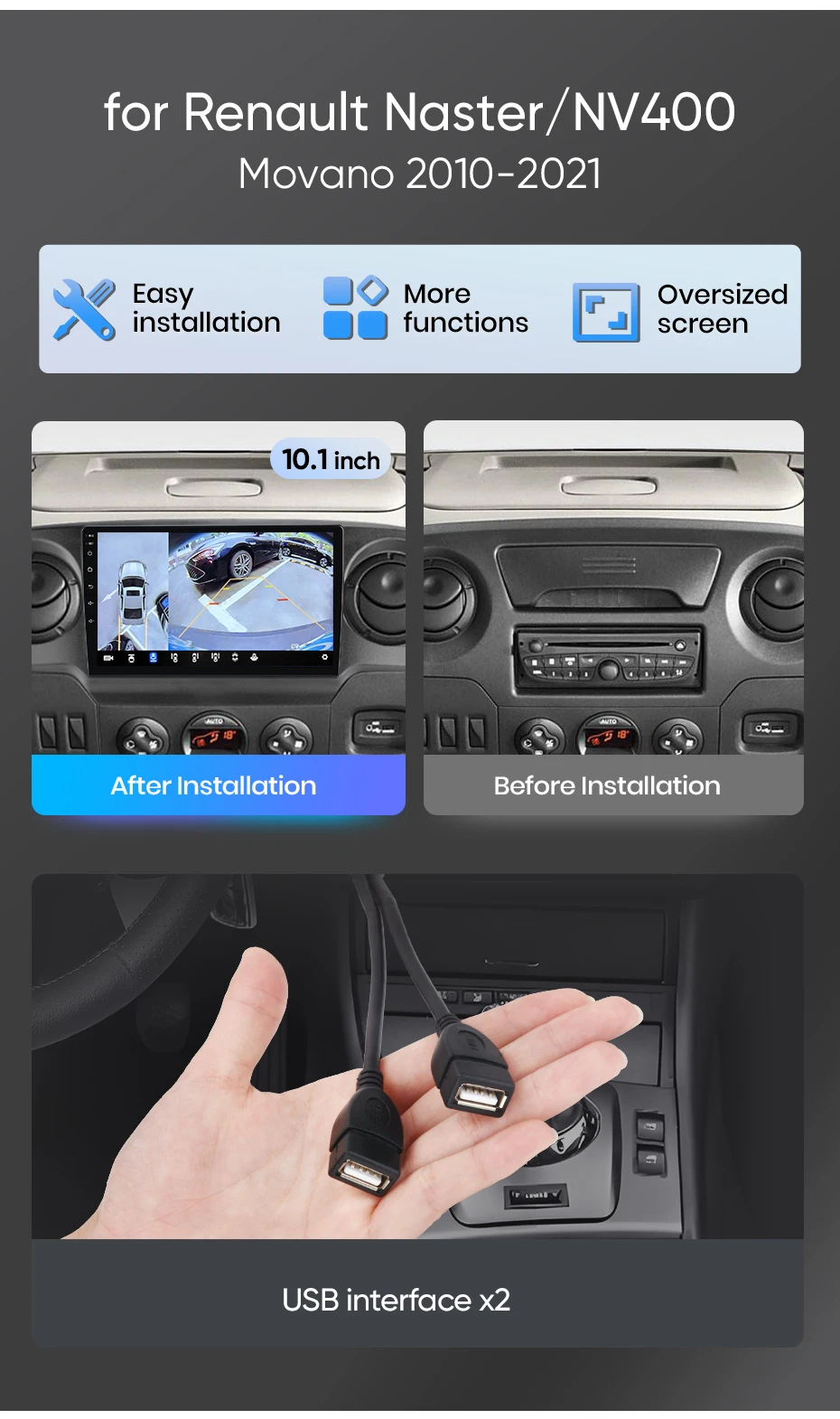 Junsun Autoradio für Renault Master Nissan NV400 Opel Movano 2010-2021 CarPlay Android Auto FM RDS DSP BT GPS Navi SWC HD IPS Touchscreen Plug & Play Multimedia-Player Freisprecheinrichtung Original-Autostil-Haupteinheit – Detail 3