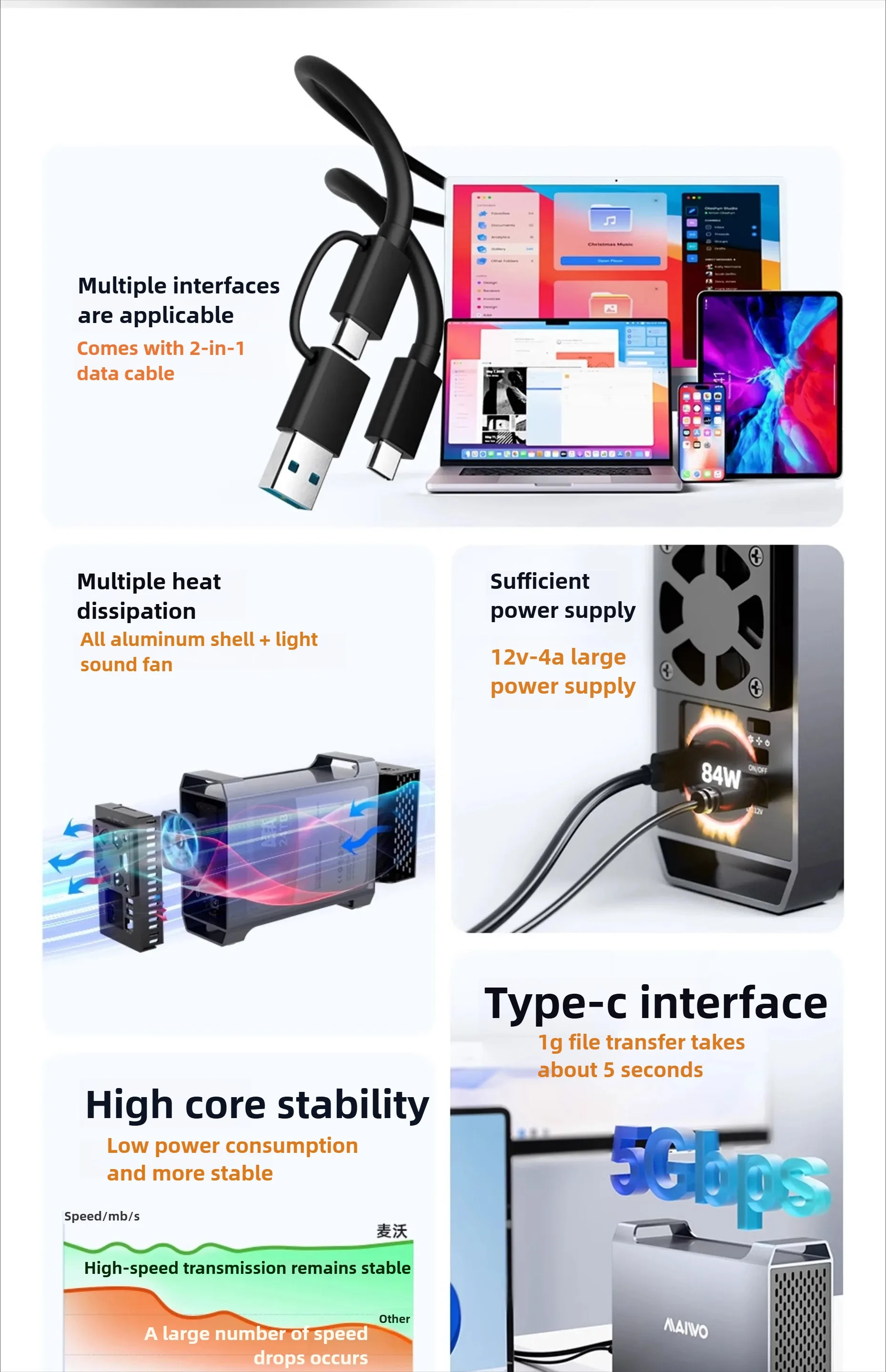 MAIWO HDD Dockingstation 2,5/3,5 Zoll SATA HDD/SSD Gehäusegehäuse für USB 3.0 Typ-C Gen2 Festplattenadapter Erweiterungsschrank – Detail 2