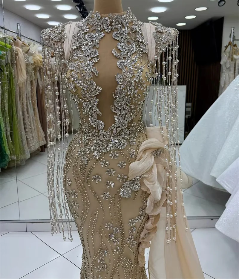Champagne Long Middle Eastern Evening Dresses Luxury Beaded Saudi Arabia Dubai Robe De Soiree Prom Dress Gown Customized