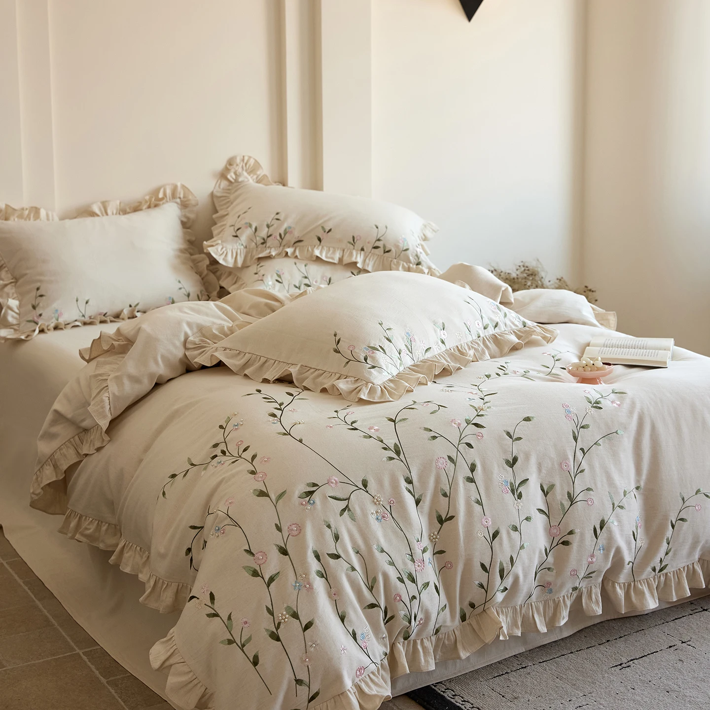 Floral Embroidery With Imitation Pearls Ruffles Bedding Set 20% Linen 80% Cotton Duvet Cover Flat/Fitted Bed Sheet Pillowcases
