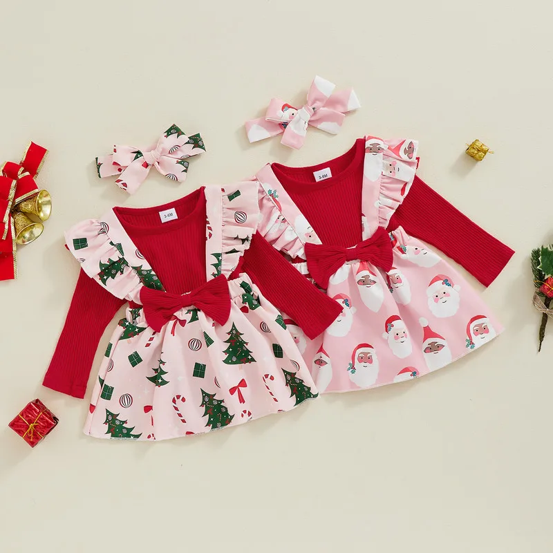 RUEWEY 0 to 18 Months Baby Girls Christmas Skirt Sets Long Sleeve Bodysuit+ Bow Suspender Skirt + Headband Set Newborn Clothes