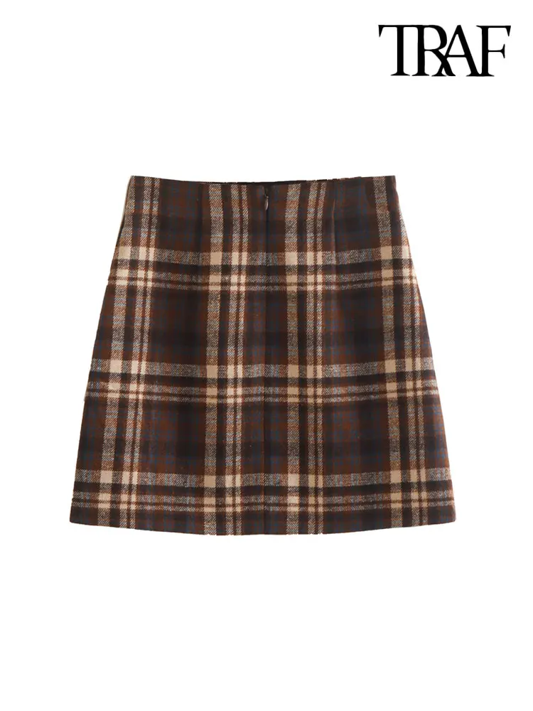 TRAF-Women's Plaid Mini Skirt, High Waist, Back Zipper, Female Skirts, Chic Fashion