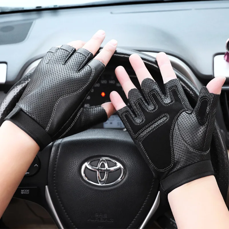 

Men's Spring Autumn Hollow Out Half Finger Genuine Leather Gloves Male Natural Leather Winter Motorclcle Driving Glove R1811