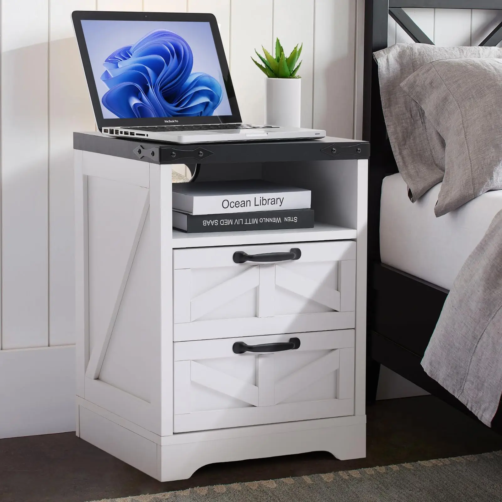

Modern Farmhouse Bedside Table, Charging Station Nightstand, 2-Drawer Industrial White End Table For Bedroom Living Room