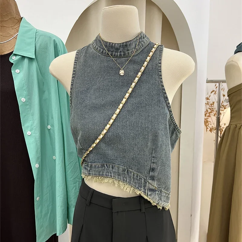 Vintage Tassel Denim Vest Women's Summer New Short Outer Coat Stand Neck Tank Top Women Sleeveless Waistcoat Crop Tops