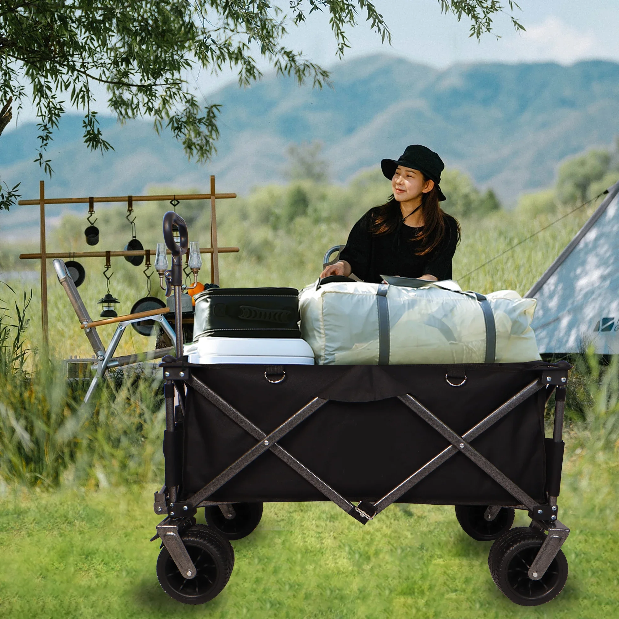 Heavy duty practical beach trolley with adjustable handle and drinks holder for shopping, camping, garden and outdoors