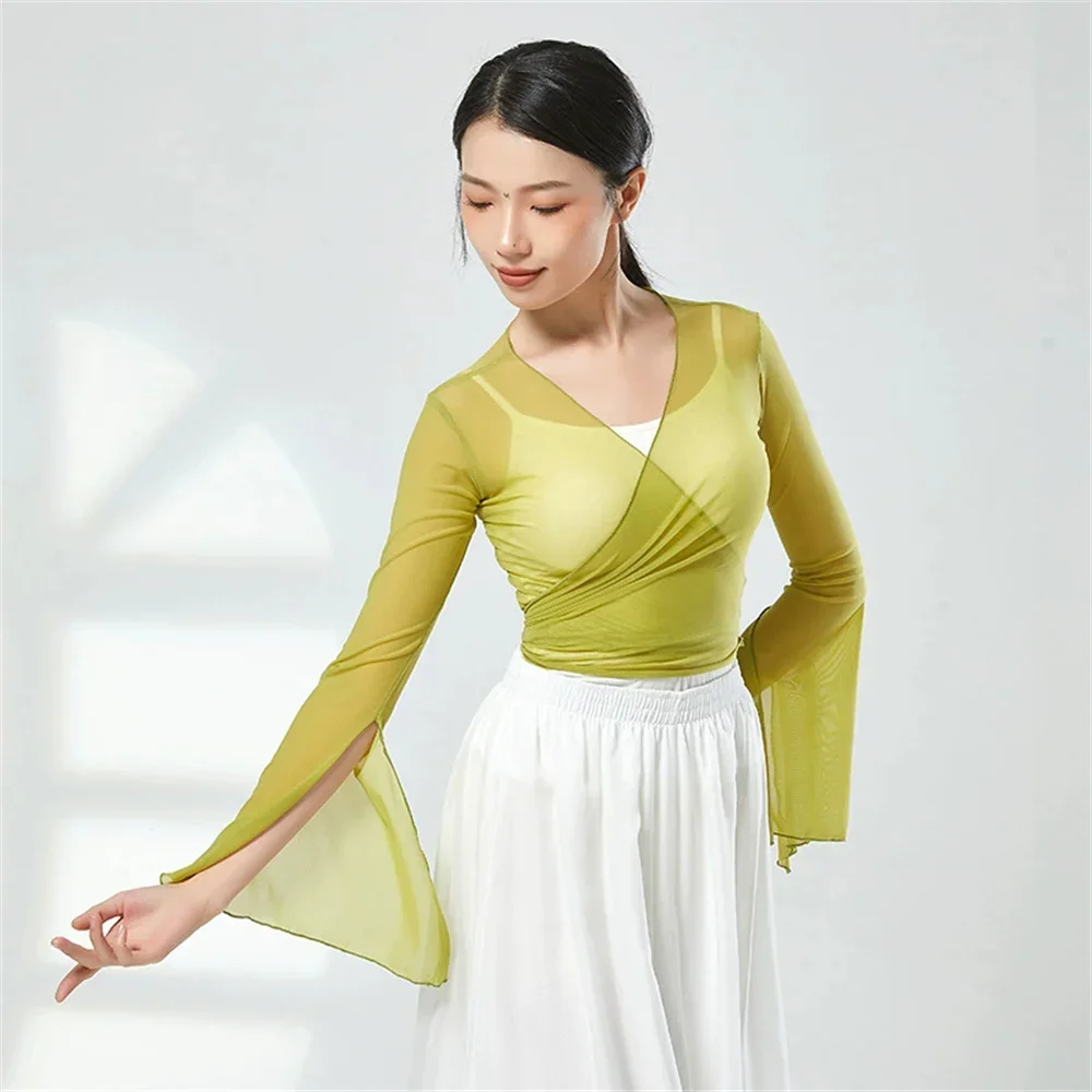 Mode Vrouwen Dans Top Lange Uitlopende Mouw Gaas Mesh Dunne Blouse Prestaties Lijn Kleding Vintage Koreaanse Kleding Vrouwen