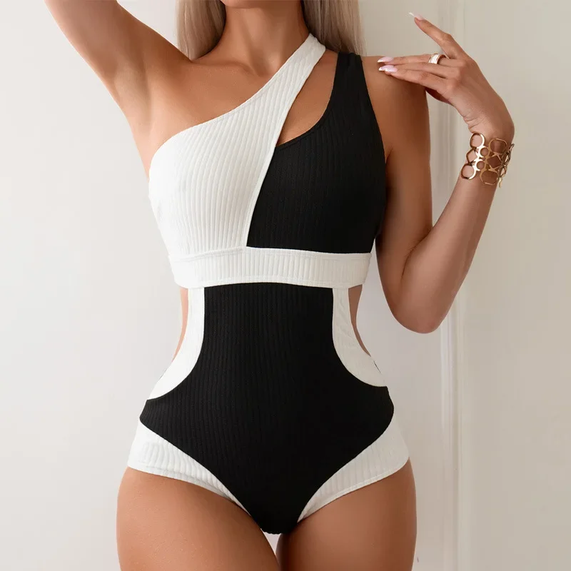 

Korean Version of Sexy Shoulder One-piece Swimsuit Women's New Bear Gathering Belly Swimsuit Hot Spring Women's Conservative