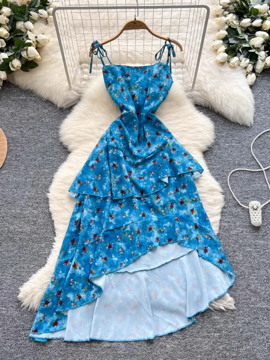 Foamlina Irregular Ruffle Boho Dress Women French Retro Halter Floral Print Cinched Waist Elegant Vacation Dress Trendy Chic