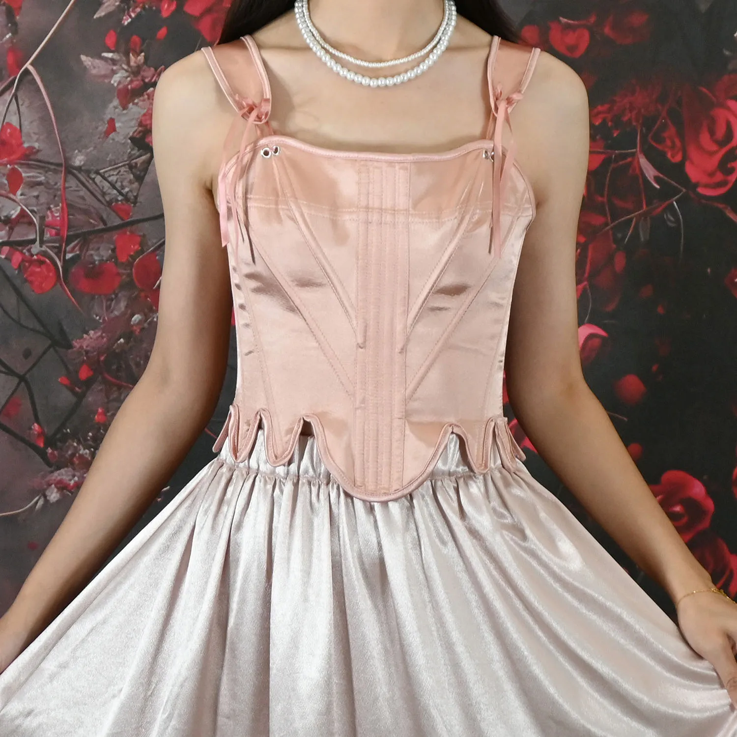 Satin French Style Corset Top for Women Boned Bustier Bow Strap Slim Fit Y2K Cami Top Party Innerwear