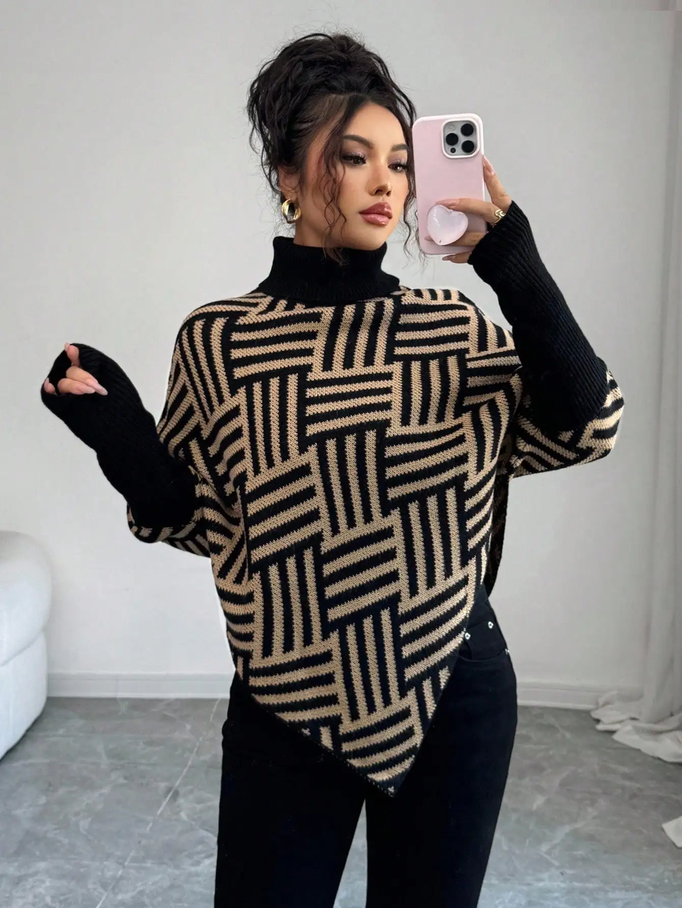 

Women's Elegant High Neck Geometric Textured Poncho Sweater, Colorblock, Suitable For Home & Travel, Spring/Autumn