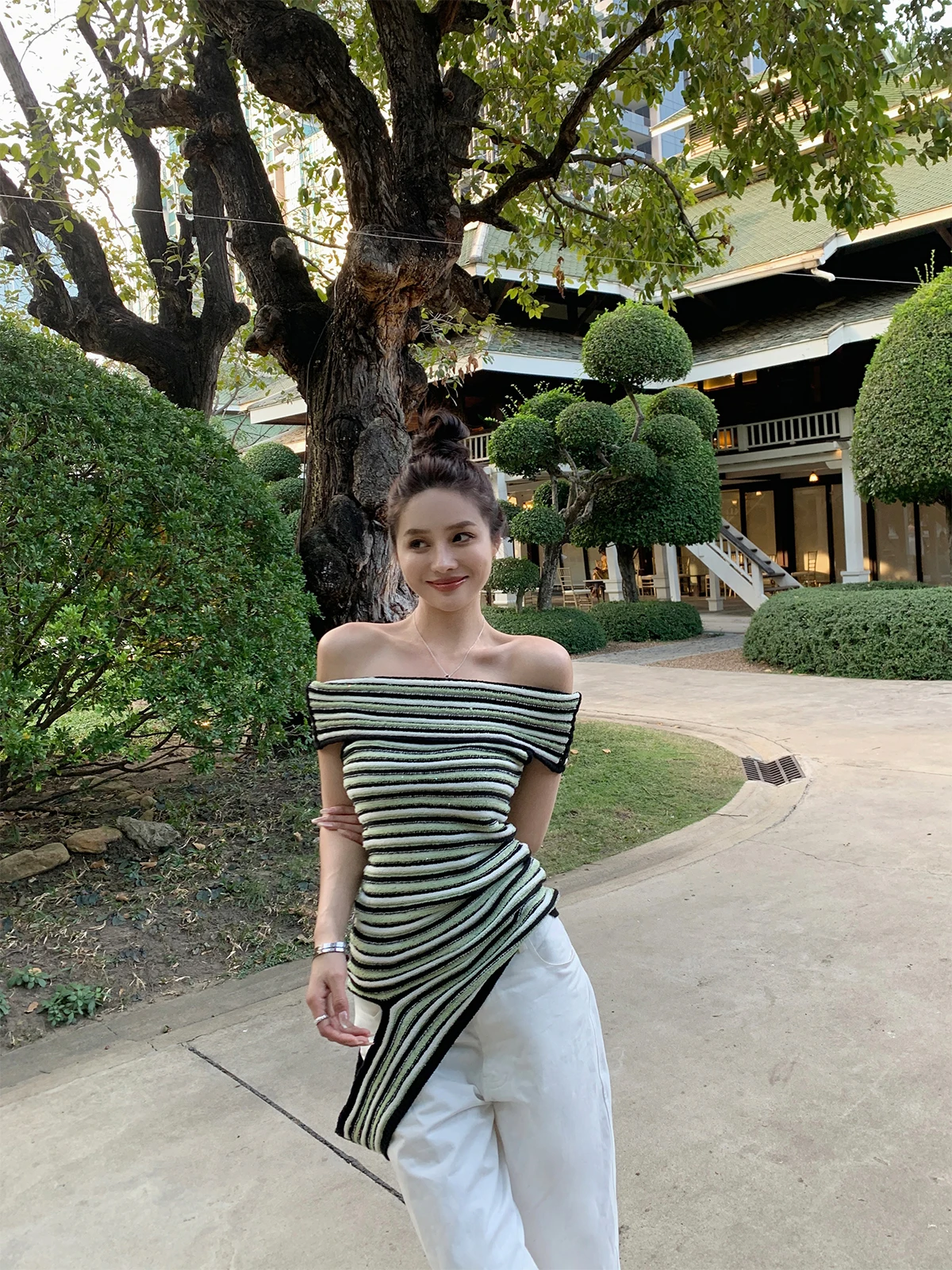 

NanaByNana Striped One-oulder Knitwear Women's Spring Unique Design Irregular Top Commute Sle Slim Fit Polyester Fiber