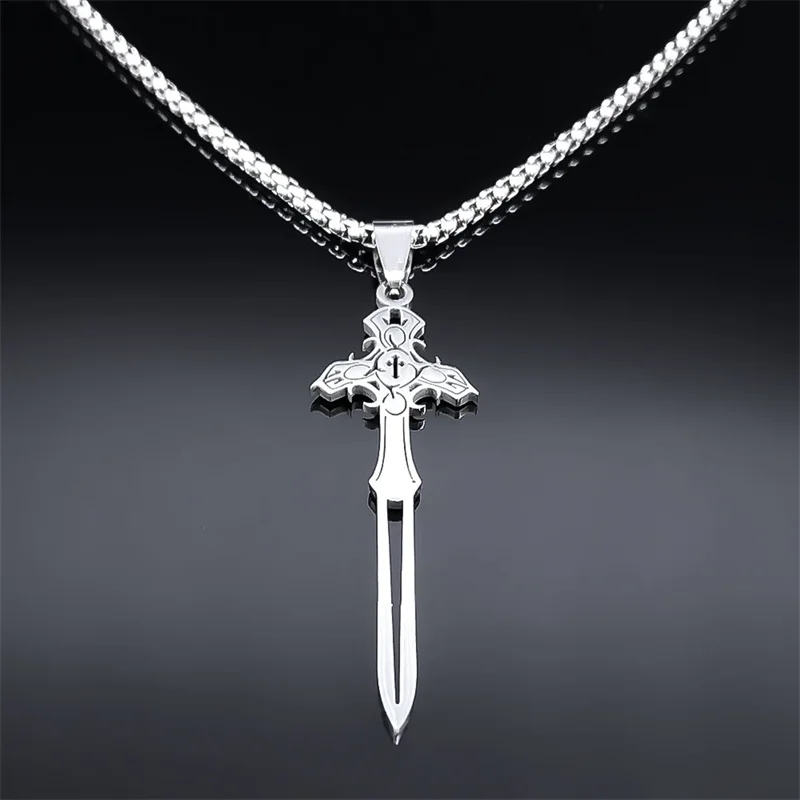 Cross Sword Pendant Necklaces for Men Women Stainless Steel Silver Color Gothic Necklace Jewelry collier acier inoxydable femme