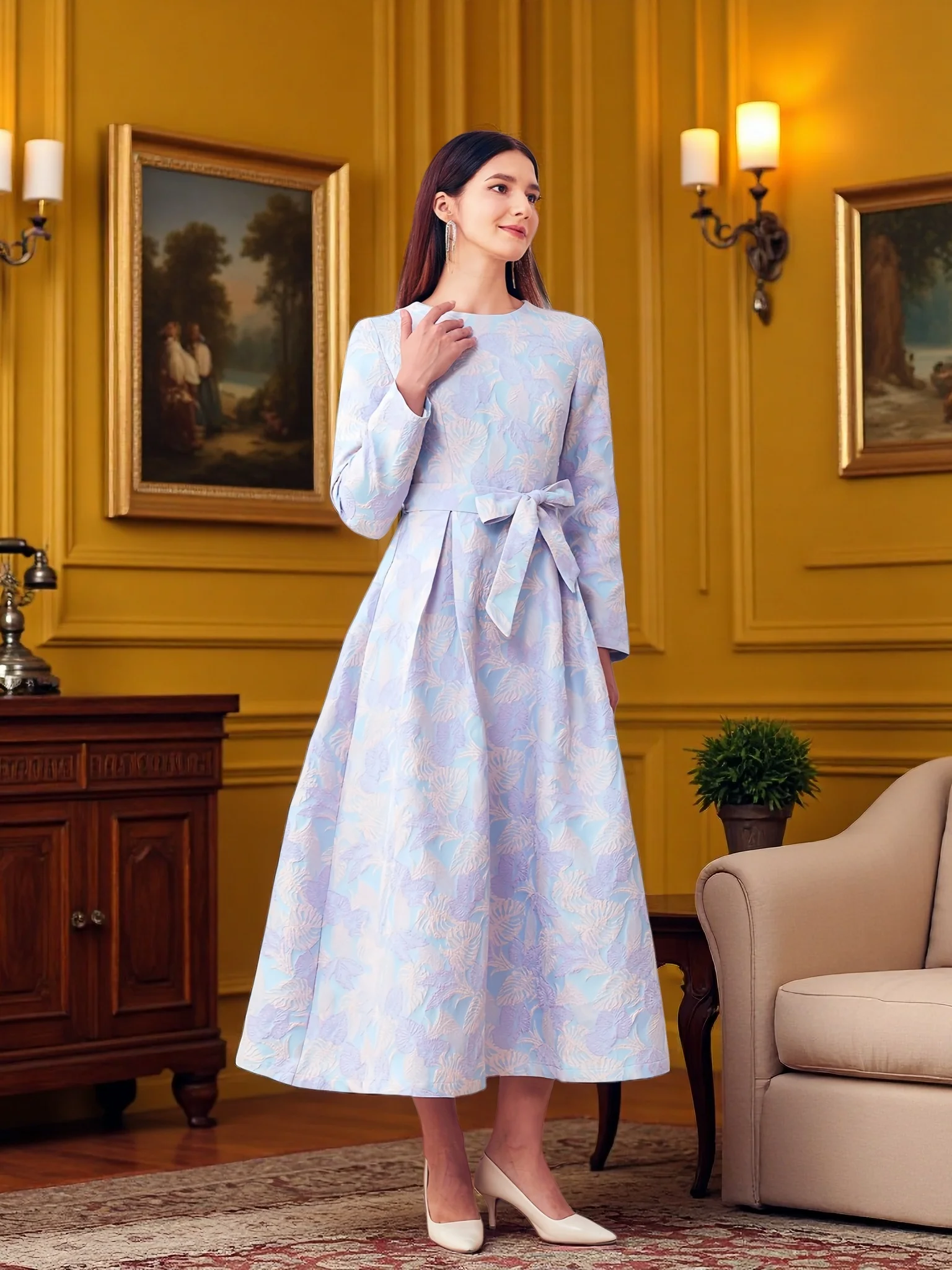 

Роскошное и элегантное жаккардовое платье с трехмерным тиснением тяжелой промышленности светло-фиолетового цвета с завязками на талии и завязками на талии