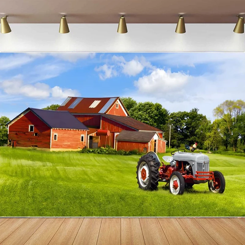 Country Farm Photography Backdrop Farmhouse Barn Tractors Green Grass Blue Sky Background Poster For Birthday Party Baby Shower