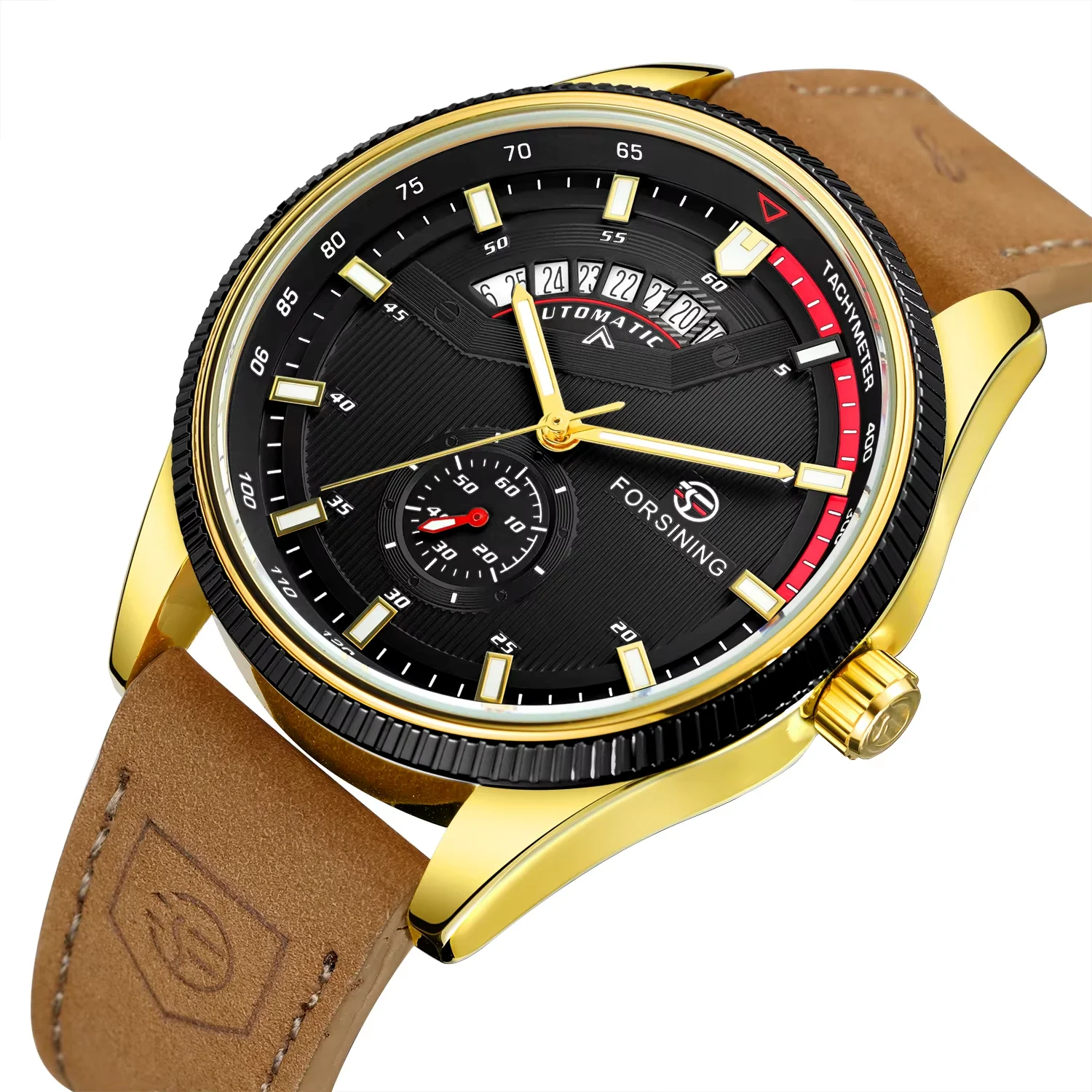 FORSINING Gold Watch Simple pin scale mechanical watch Gear Circular calendar Brown belt Wrist watch Alloy mechanical watch