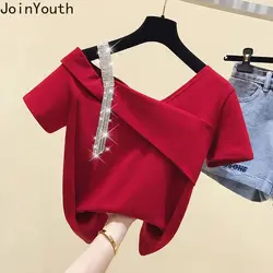 Short Sleeve Woman Tshirts 2024 Ropa Mujer Off Shoulder Diamond Summer Tees Solid Color Casual T Shirt Fashion Y2k T-shirt Tops