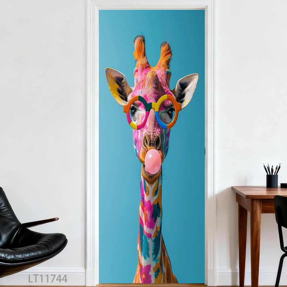 Funny Hipster Animal Door Sticker, Self-Adhesive & Peel and Stick, Removable Whimsical Pet Art Mural for Kids Room & Home Decor