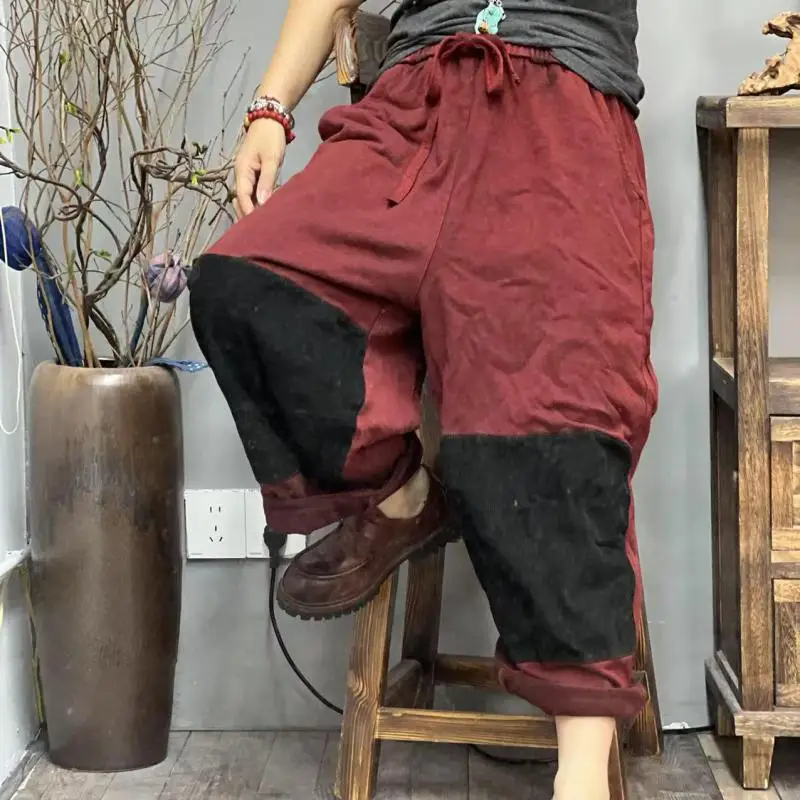 2026 Spring Autumn Arts Style Women Elastic Waist Loose Casual Ankle-length Pants Patchwork Design Cotton Harem Pants H0991