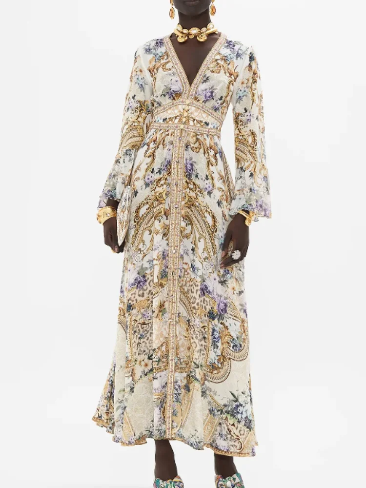 

Women's Flower Printed Robe V-Neck Long Sleeve Vintage 100% Silk Midi Dress