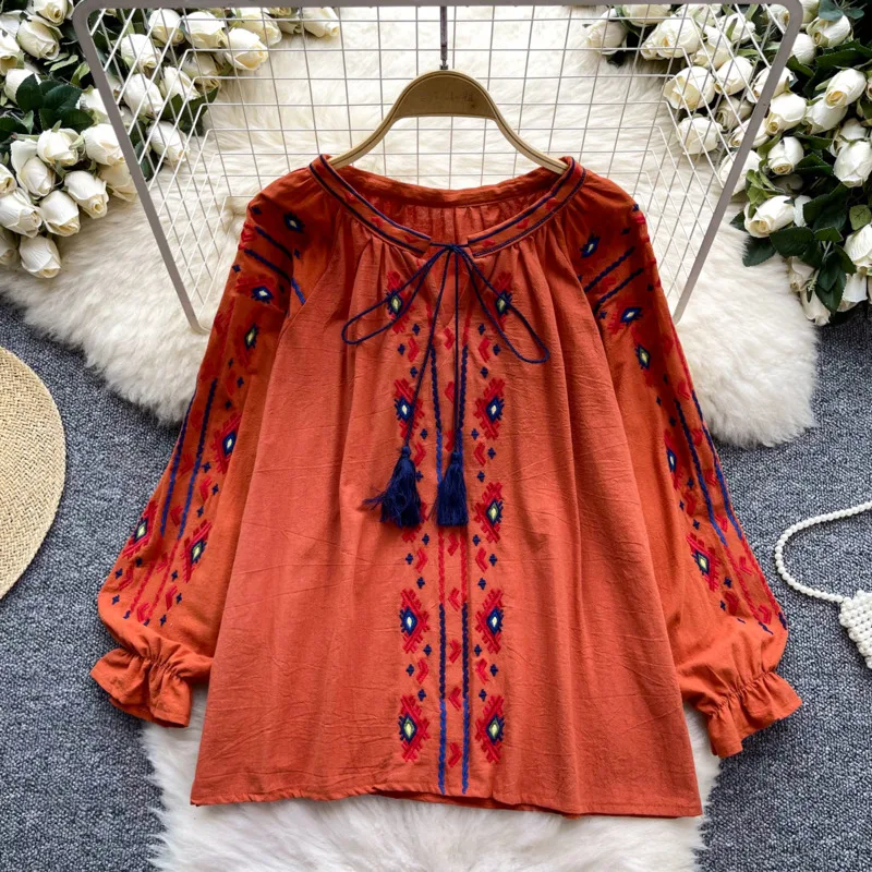 EWQ Fashion Embroidery Flower Lace-up Blouse For Women Round Collar Long Sleeve Casual Gathered Color Clothing 2024 New 27C767