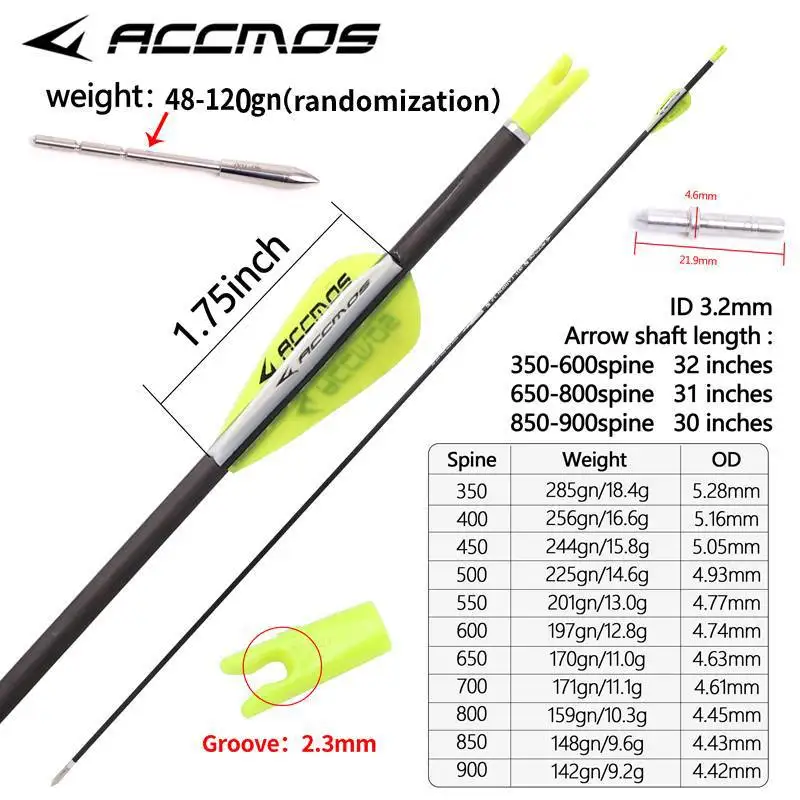 6/12/36pcsAccmos Archery Accessories 40T ID 3.2 Spine 350-1000 pure Carbon Arrow 0.009 shooting and hunting