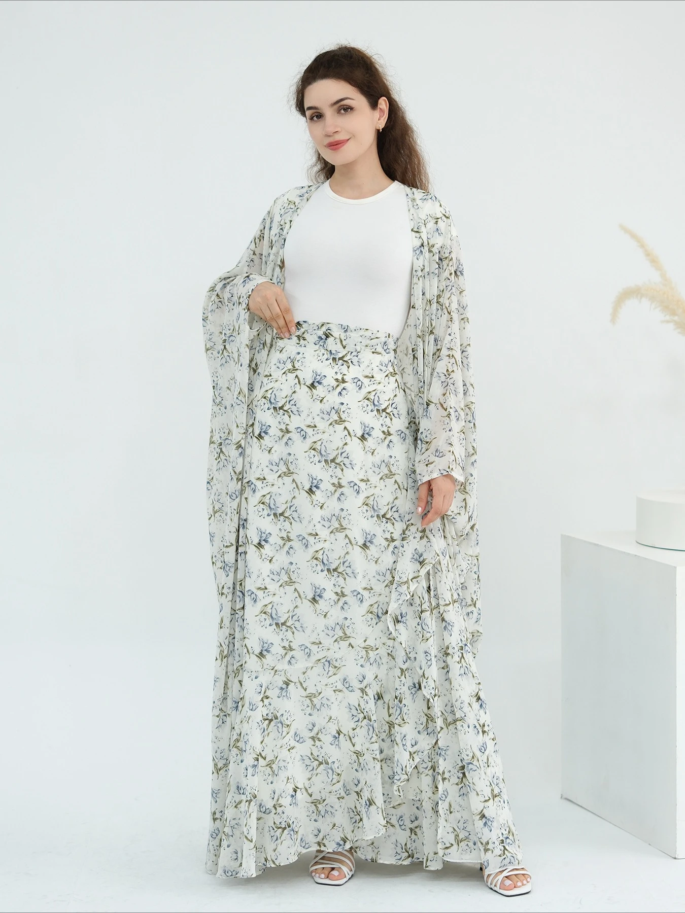 Eid femmes abaya jupes ensemble 2 pièces fleur imprimé cardigan jupe fête musulmane Ramadan longue Abayas arabe longue Robe maroc caftan