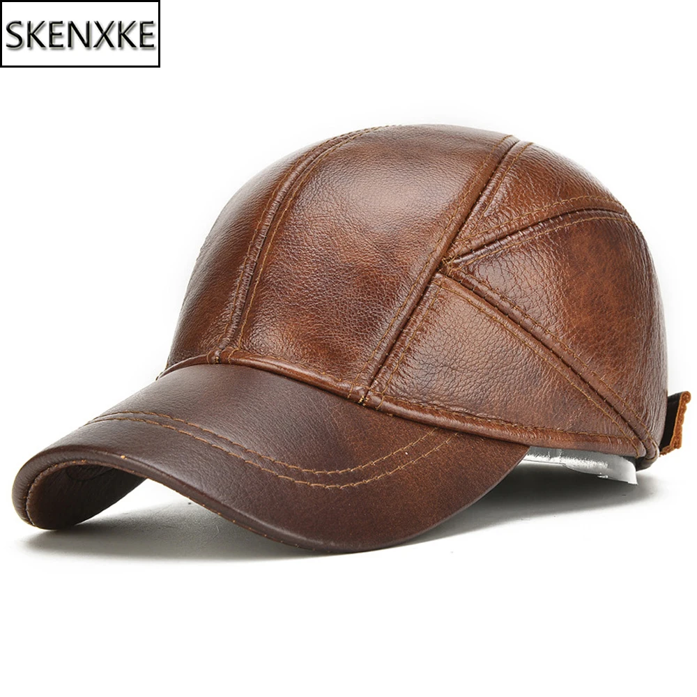 

Men Brand Casual Real Leather Earflap Cap Men Real Cowhide Leather Caps Male Fall Winter Genuine Real Cow Leather Baseball Hats