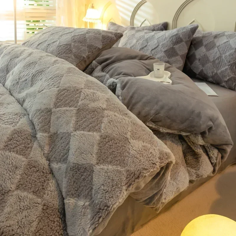 3D Jacquard Diamond Plush Bed Set Winter Short Plush Four Piece Set Thick Bed Sheets and Duvet Covers Pillowcase Home Textile