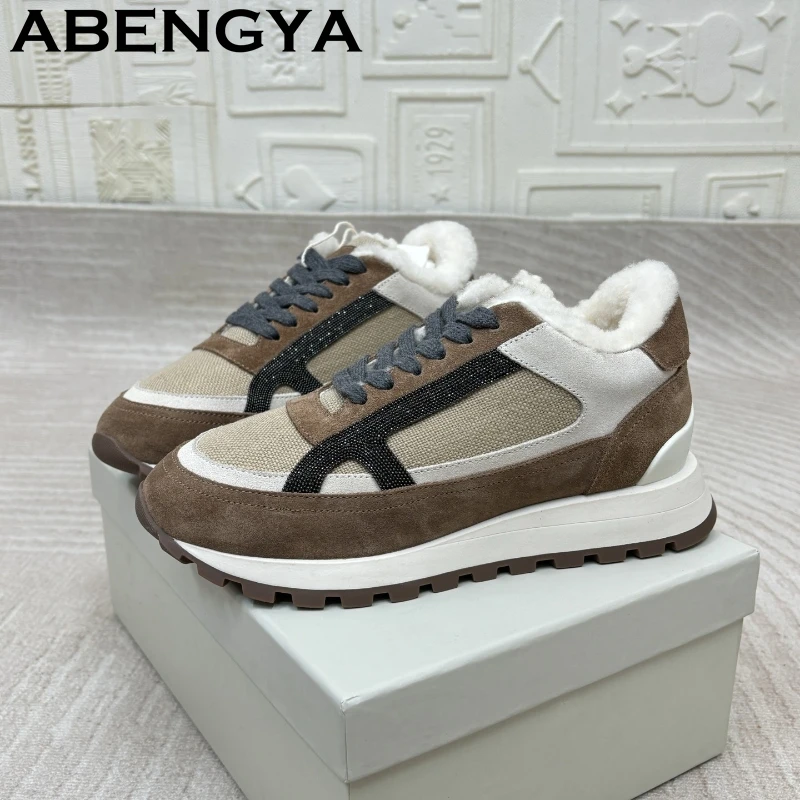 

2025 Winter Wool Lining Casual Sneakers For Women Round Toe Lace Up Plush Flat Shoes Comfort Walking Shoes Warm Fur Boots Mujer