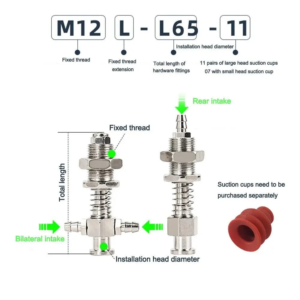 1Pcs M10 Vacuum Suction Cup Bracket T-Type Side Tail Air Inlet Vacuum Nozzle Rod M10-L45 To M10-L110 Large Head