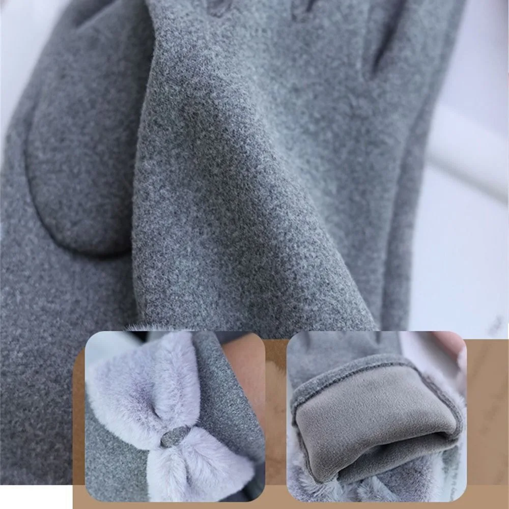 Dralon Material Winter Warm Gloves Soft Fabric Bow Design Touch Screen Gloves Riding Use Driving Use Full Finger Gloves