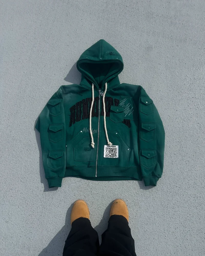 

2025 new American retro fashion men coat multi-pocket design letter embroidery pattern zipper hoodie casual loose sweatshirt