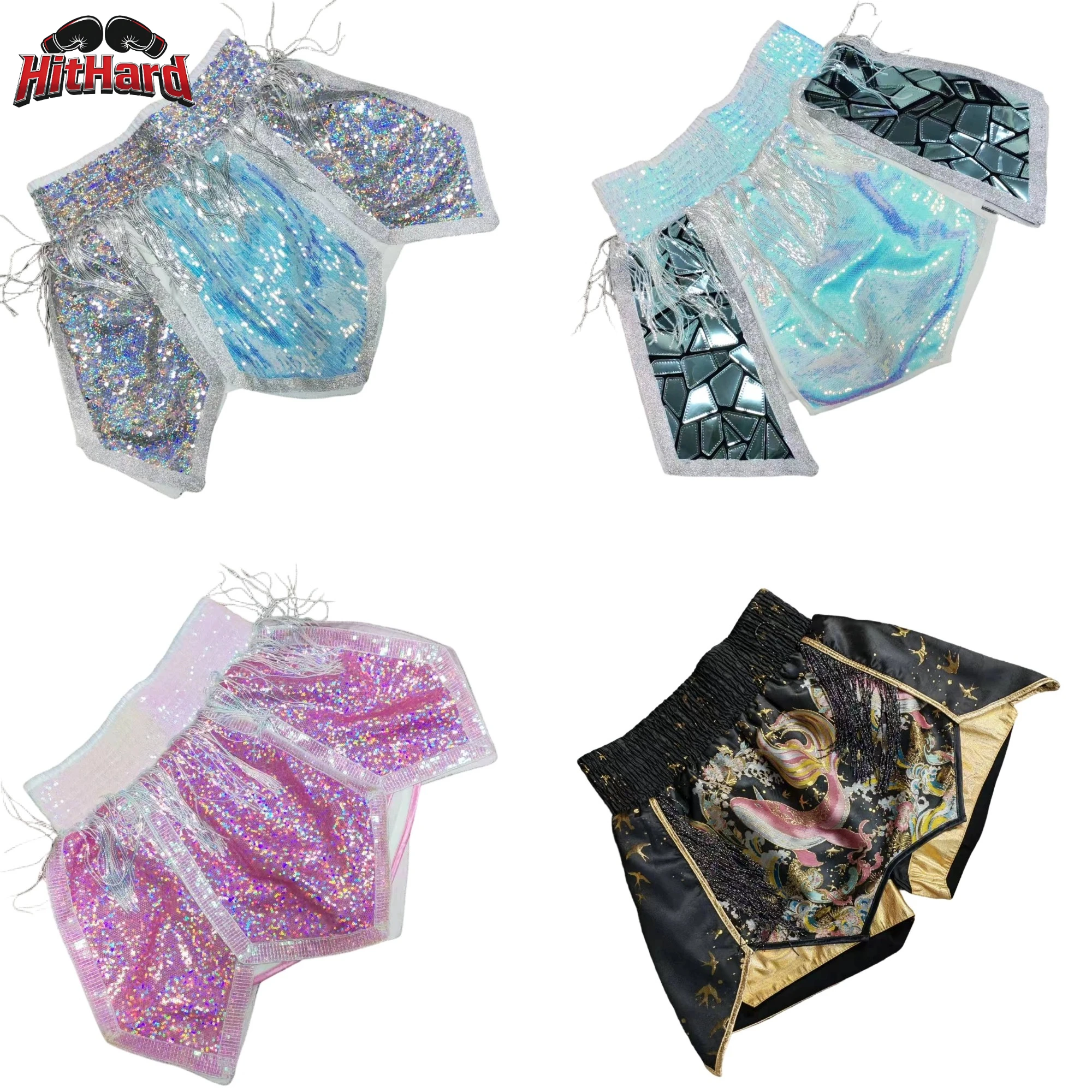 Muay Thai Shorts Shiny Sequin Kickboxing Fight Trunks For Professional Amateur Boxer Training Cage Fighting BJJ MMA Boxing Pants