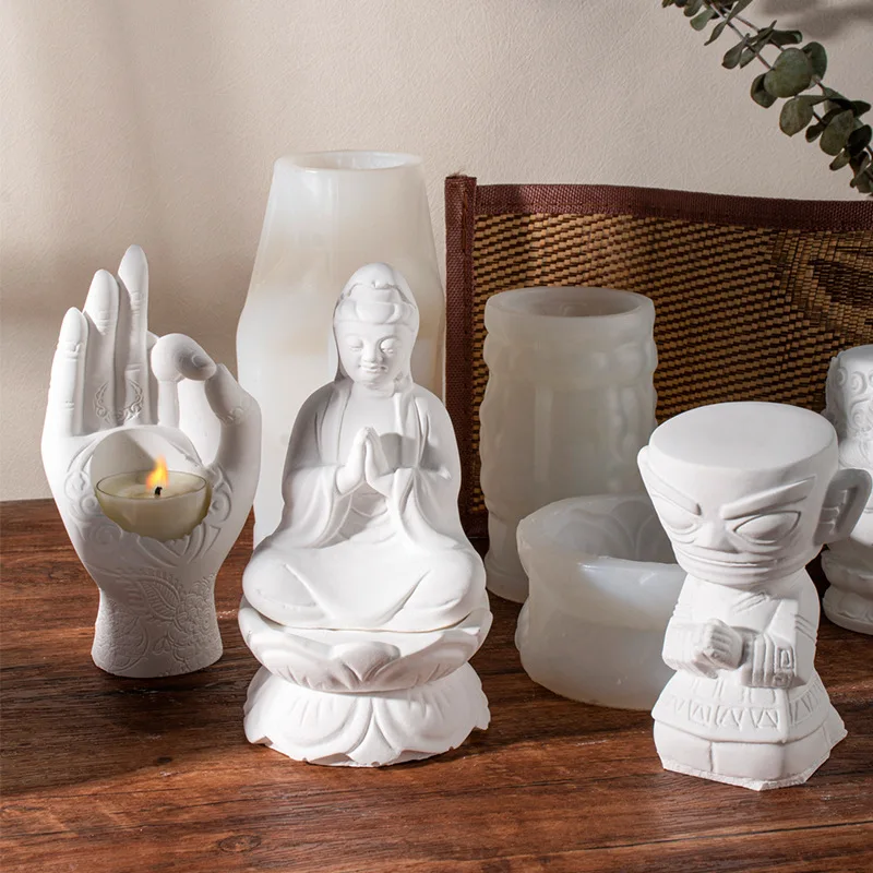 

DIY Buddha Statue Dome Candle Silicone Mold Guanyin Tathagata Four Faced Buddha Plaster Mold Lotus Hands Candlestick Resin Mold