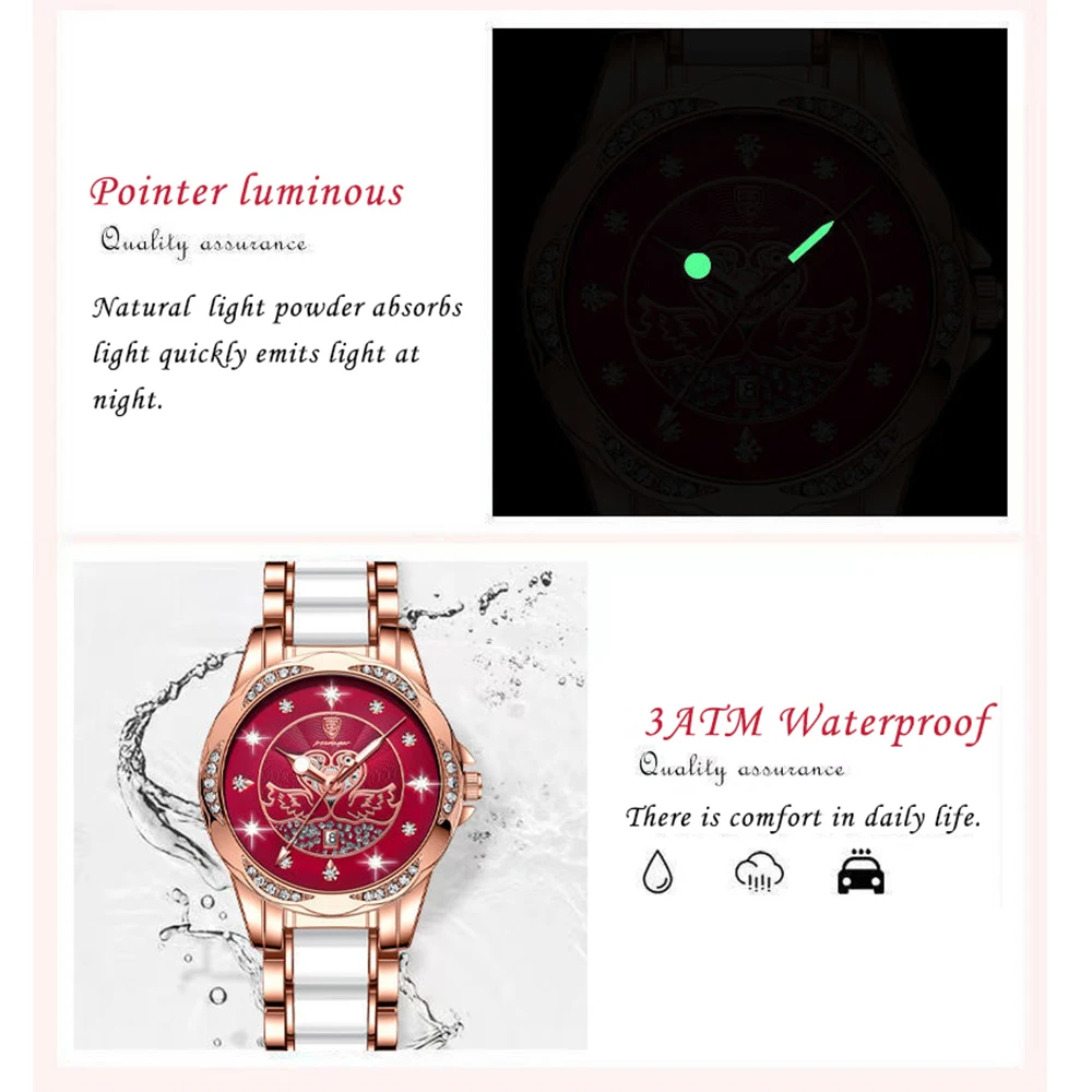 POEDAGAR Luxury Women's Quartz Watch Waterproof Luminous Date Ceramics Steel Watches For Woman Diamond Elegant Ladies Wristwatch