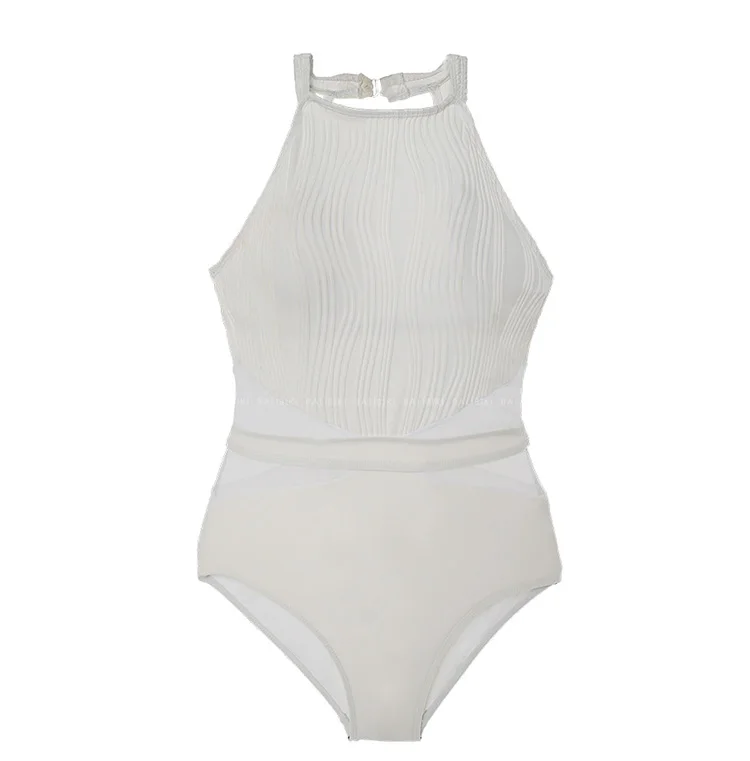 Temperamento triángulo de una pieza de moda blanca de encaje hueco sin espalda traje de baño niñas verano Sexy sin mangas nadar parque acuático traje de baño