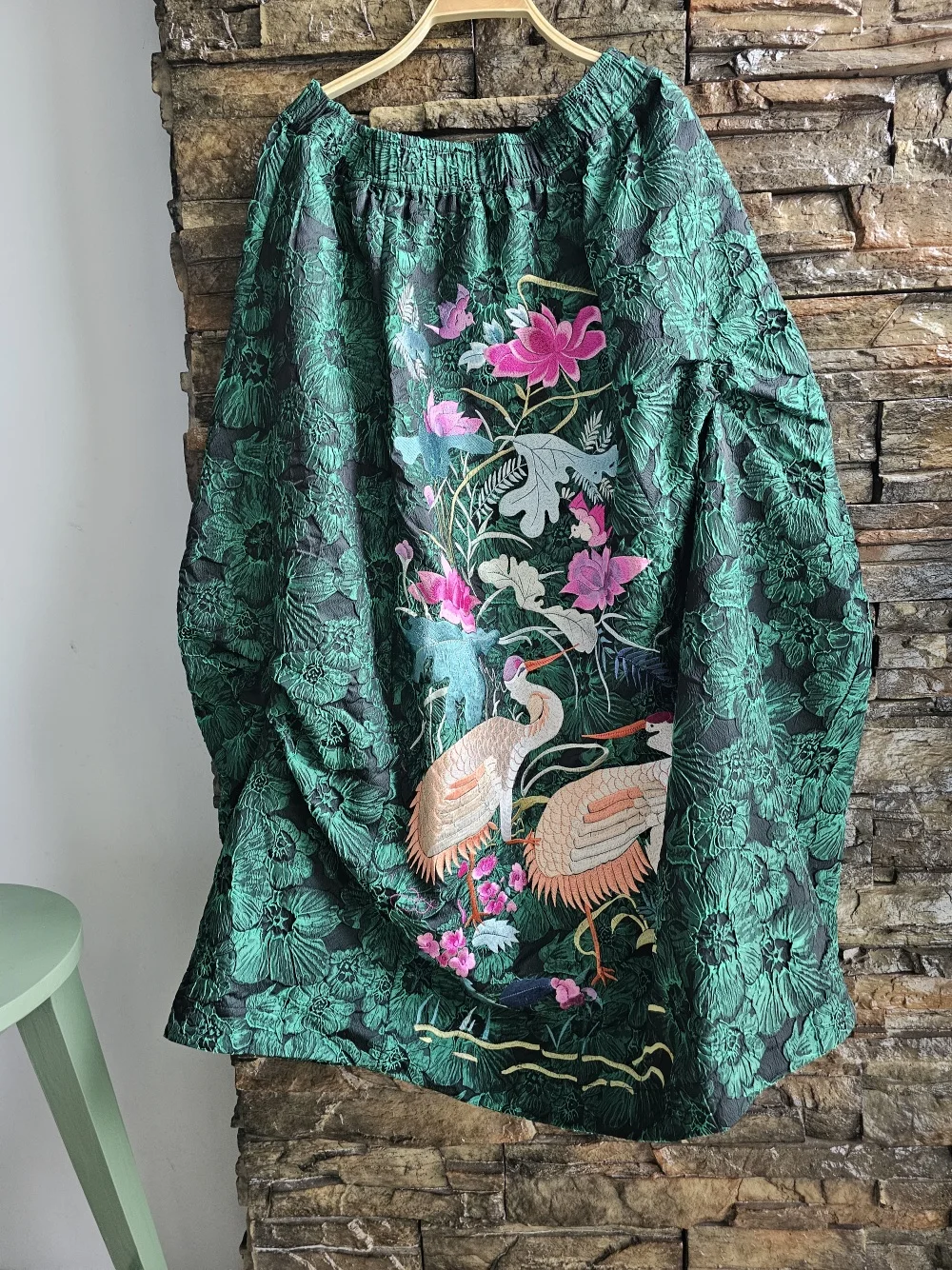 High end women clothing Green jacquard plus size long skirt Vintage custom made embroidery floral elastic waist Umbrella skirt