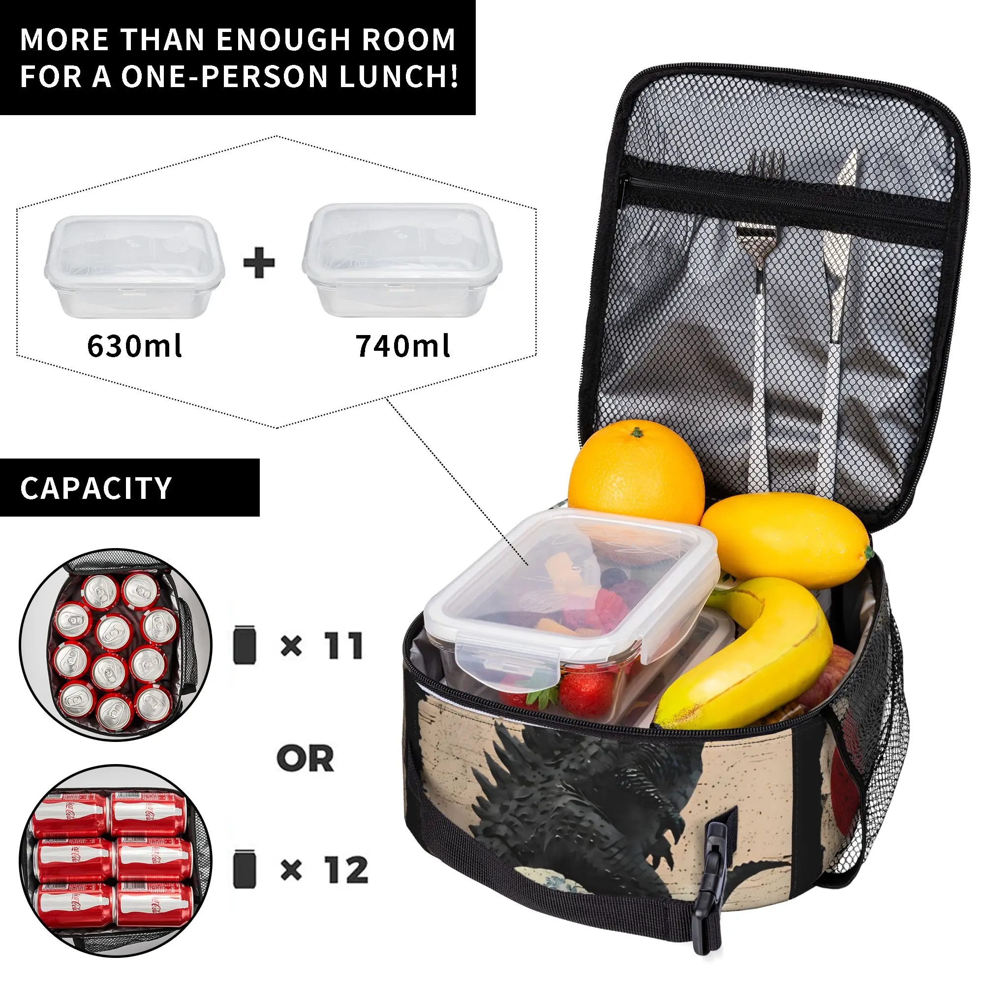 Godzillaed Great Wave Insulated Lunch Bag Large Lunch Container Thermal Bag Tote Lunch Box Office  Outdoor Food Bag view 3