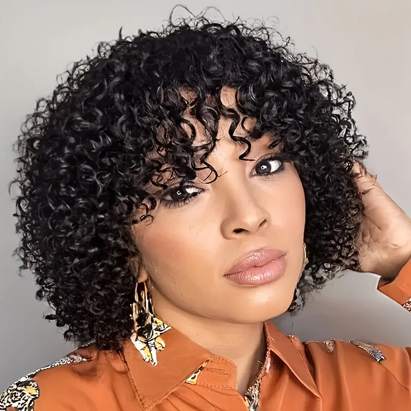 

Короткие курчавые вьющиеся парики из натуральных волос пикси для женщин, натуральный черный цвет, плотность 150%, волосы Реми, 6 дюймов, парик машинного производства
