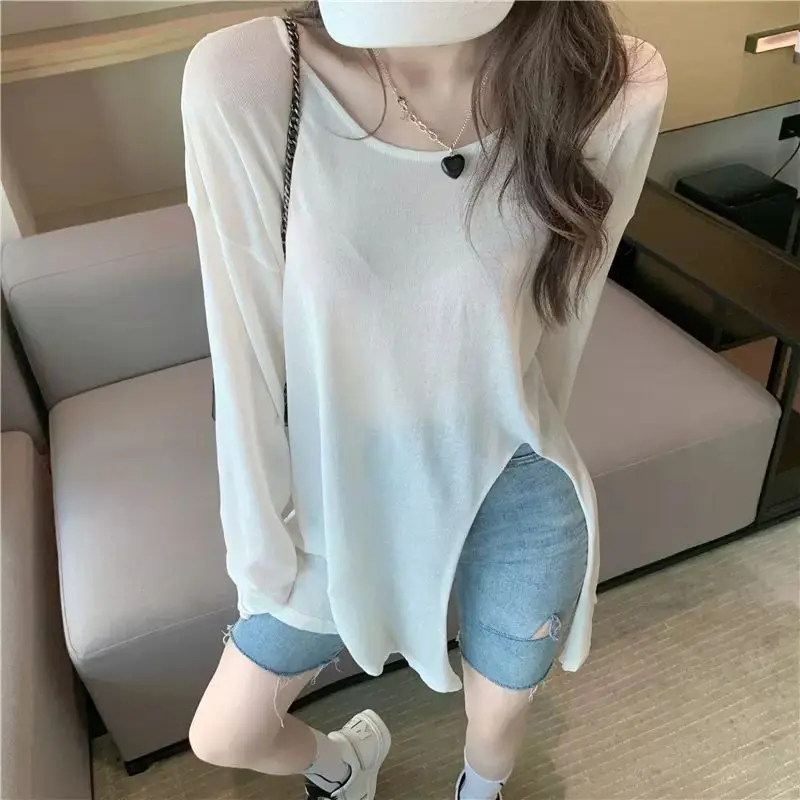 2024 Summer New Korean Minimalist Commuter Women\'s Loose Thin Solid Color Crew Neck Backless Asymmetric Long Sleeve T-shirt Tops