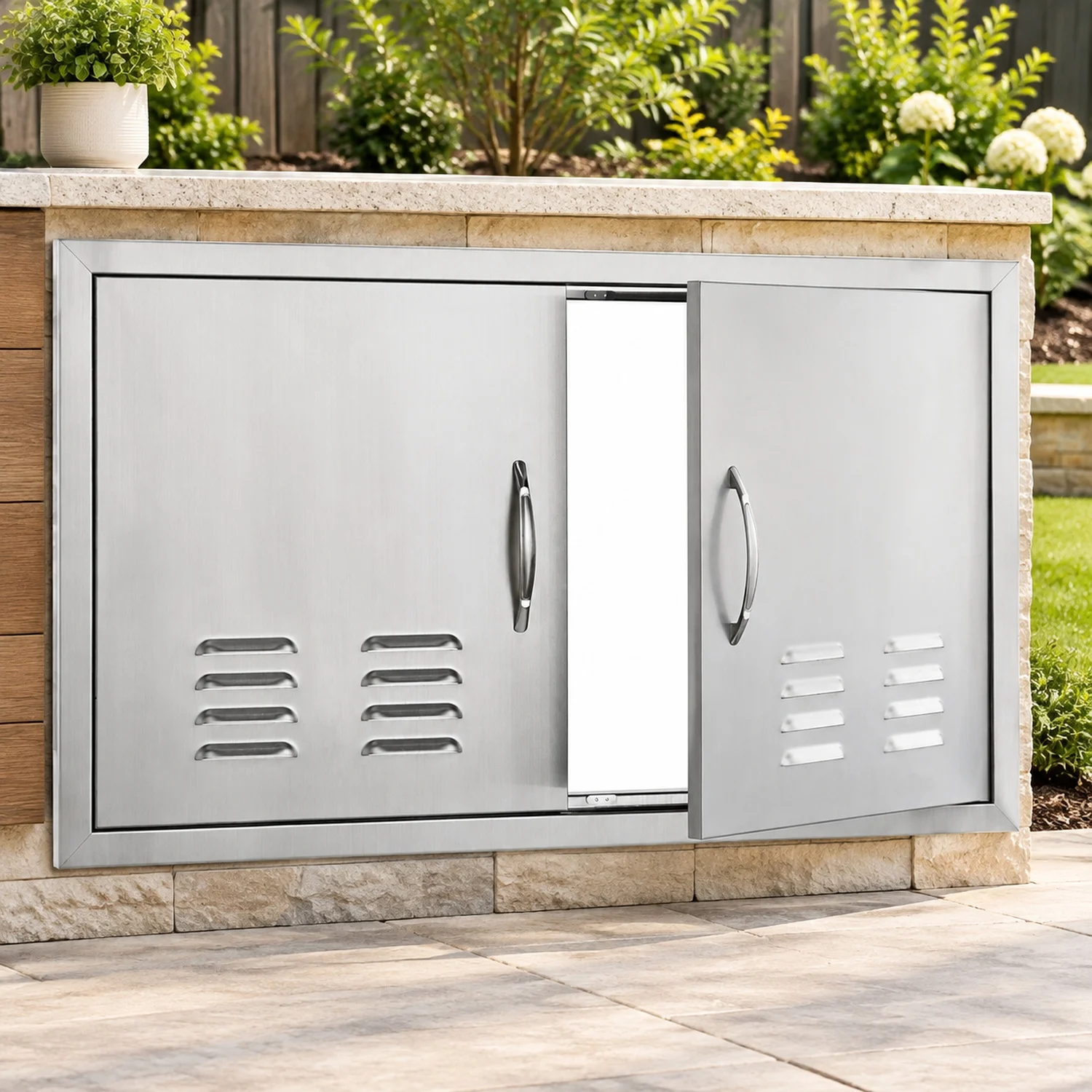 BBQ Access Door, 36W x 21H Inch Double Outdoor Kitchen, Stainless Steel Flush Mount, Wall Vertical with Handles and Vents, for