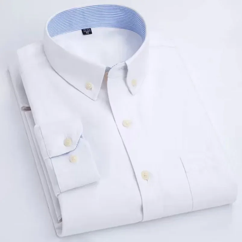 Camisa informal Oxford de manga larga a rayas para hombre, camisa informal con bolsillo frontal y cuello abotonado de ajuste Regular, camisas de trabajo gruesas Yyqwsj