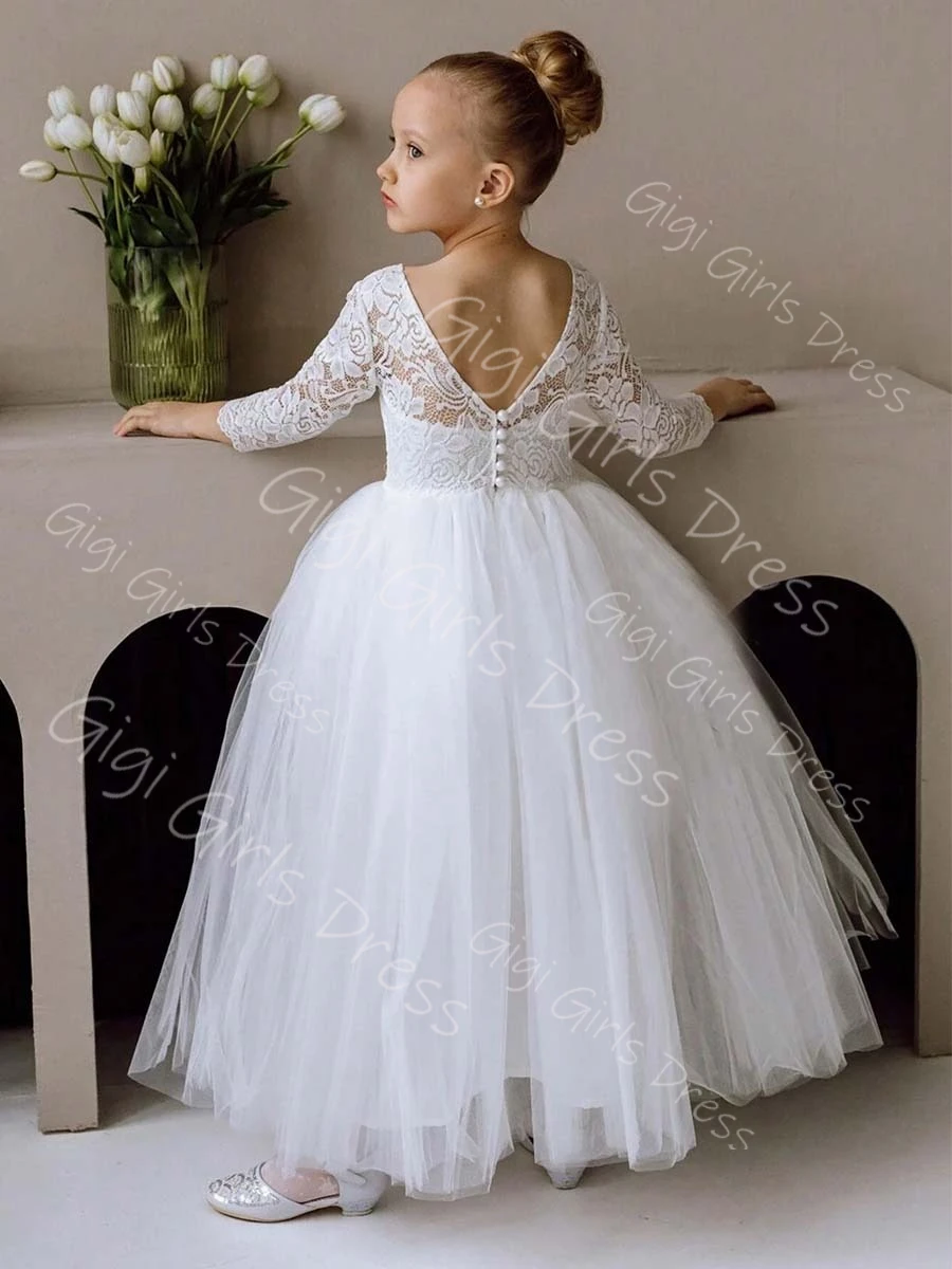 

White Flower Girl Dress for Wedding Toddlers 3/4 Lace Sleeves Open Back Ankle-Length First Communion Dress Custom Party Gown