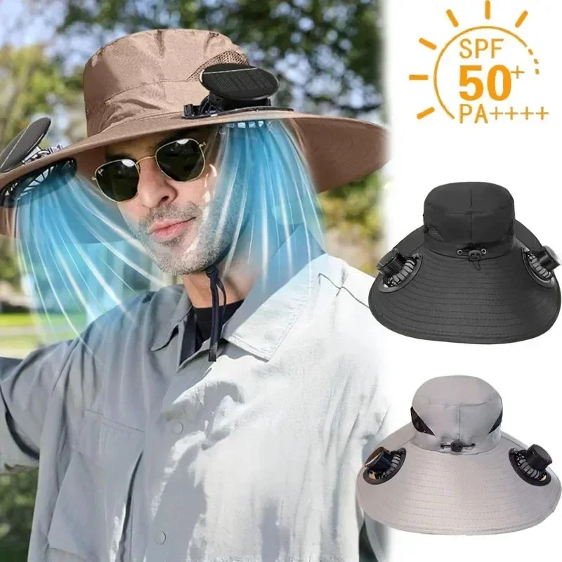 Solar Dual Fan Sun Hat, Large Brim Anti-UV Fishing Cap, Solar & USB Charging Windproof Outdoor Summer Hat