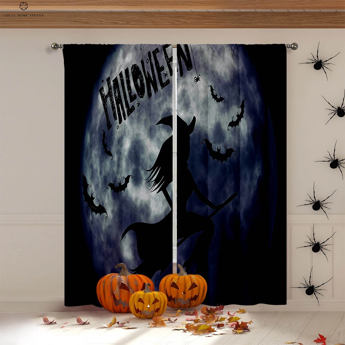 

Halloween Printed Curtains, Horror Curtains, Pumpkin, Moon, Bat, Suitable for Restaurant, Bedroom, Holiday Party Decoration