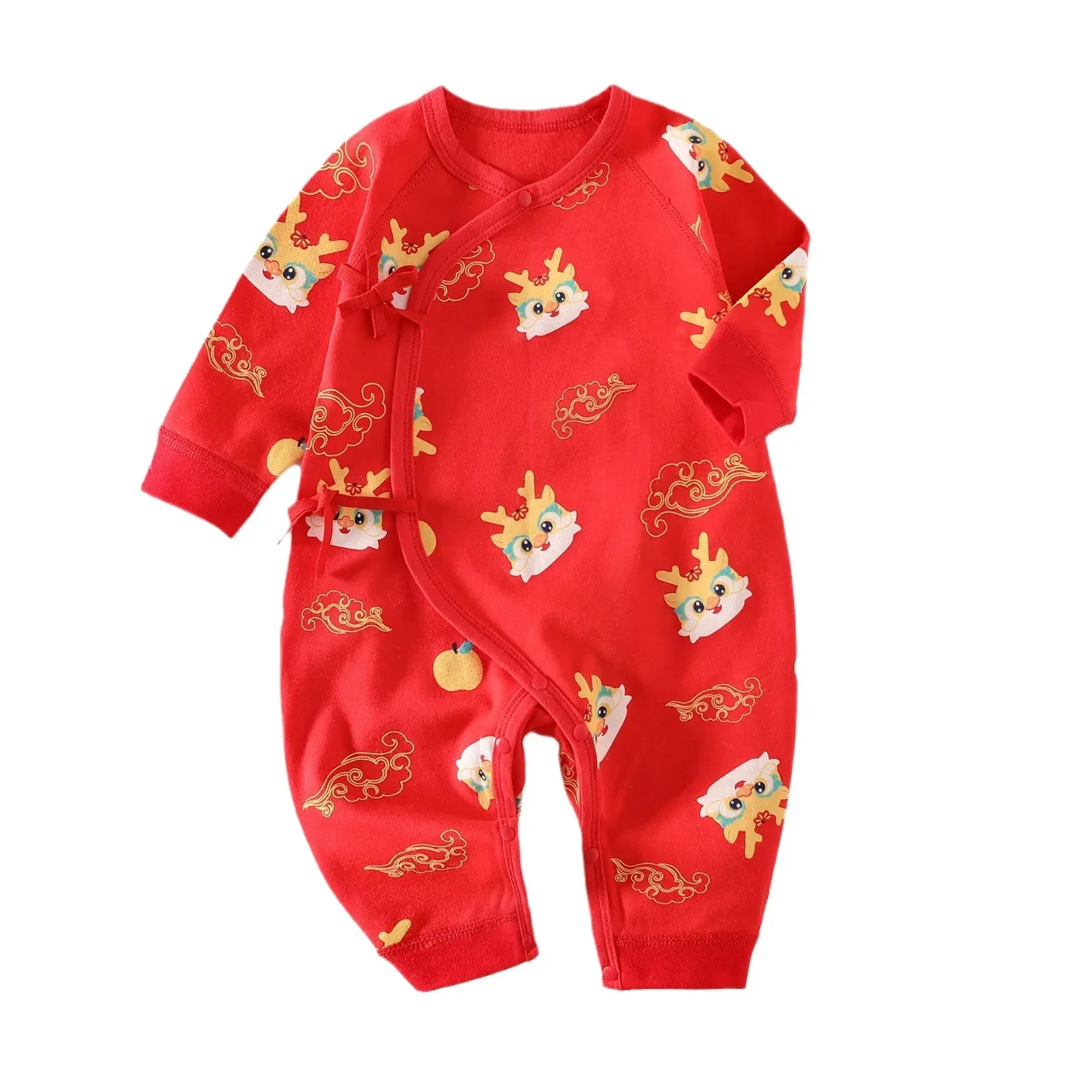 Pijama de algodón rojo para bebé, traje Tang de dragón para gatear, Año Nuevo Chino, año completo, cumpleaños y otoño