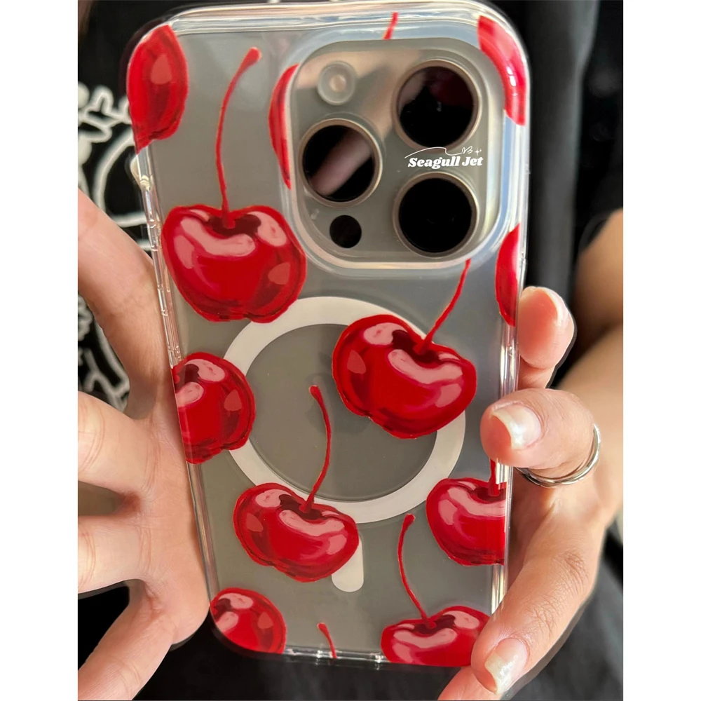 INS Korea Red Cherry Magnetic Charging Soft Case For iPhone 16 15 14 13 12 11 Pro Xs Max X Xr 7 8 Plus SE Clear Shockproof Cover