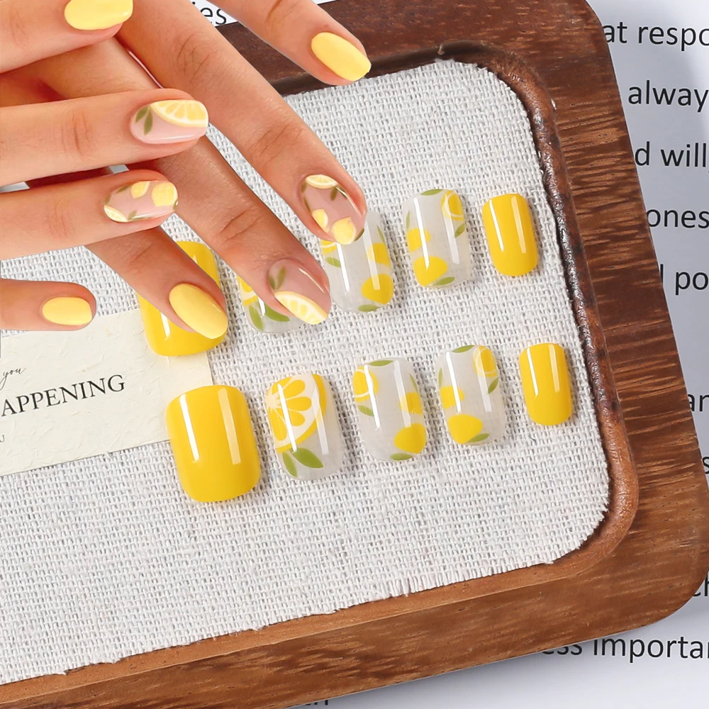24pcs Yellow Lemon Short Square Press On Nails For Women Nude Pink Glitter Bow Cute Fake Nails Wearable Artificial False Nails T