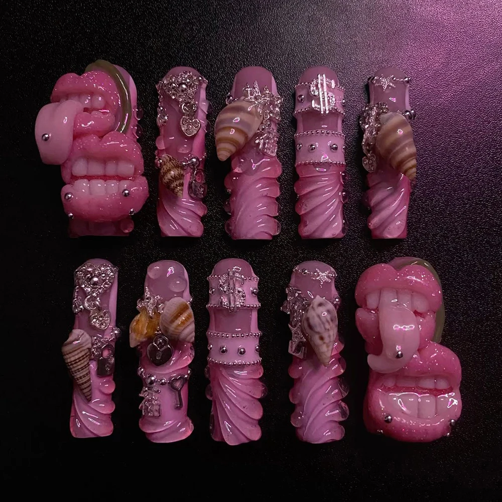 10 قطعة Y2K اليدوية الساخن فتاة اضغط على الأظافر شخصية نمط ساحة الشفاه الصدر الفرنسية هلام قذيفة سلسلة تصميم الأظافر ملصق